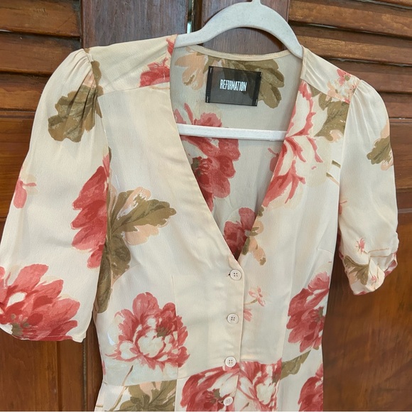 Reformation Morning Pink Floral Print Button Front Fit N Flare Mini Dress Size 2 - Picture 3 of 7